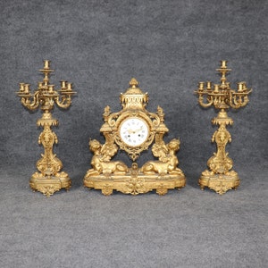 Antique 19th Century French Empire Style Bronze Ormolu Clock Set by Maison Marquis, Mantle Clock, Candelabras, Bronze Clock, Vintage Clock