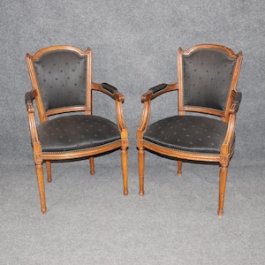 Pair of French Louis XVI style Carved Armchairs with Black Upholstery, Club Chairs, Accent Chairs, Lounge Chairs, Office Chairs, DPLuxuries