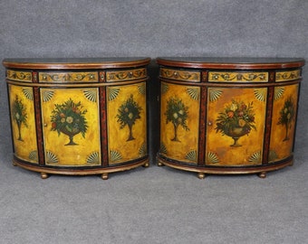 Vintage Paint Decorated Demilune Servers: Mid Century Console Tables, Pair
