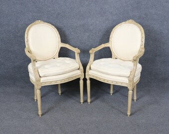Pair of French Louis XVI Style Distressed Paint Decorated Armchairs, Vintage Chairs, Pair Chairs, Antique Furniture, Retro, Accent Chairs