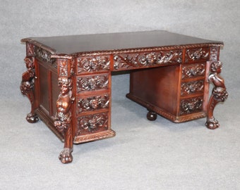 Antique Victorian Mahogany Carved Figural Partners Desk Attributed to R.J. Horner, Antique Furniture, Office Furniture, Antiques, Home Decor