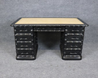 Vintage Ebonized Faux Bamboo Leather Top Writing Desk, Executive Desk, Mid Century Desk, Antique Desk, Black Furniture, Lacquered Desk