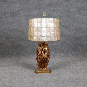Signed French Antique 19th Century 3 Graces Bronze Table Lamp with Capiz Shell Shade by Ferdinand Barbedienne Fondeur, Figural Lamp,Retro