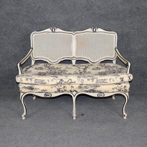 Country French Louis XV Style Paint Decorated Cane Back Settee, Loveseat, Sofa, Vintage Settee, Antique Settee, Upholstered Settee, Retro