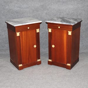 Pair of French Empire Style Bronze Mounted Marble Top Nightstands, Side Tables, End Tables, Bedroom Decor, Antique Furniture