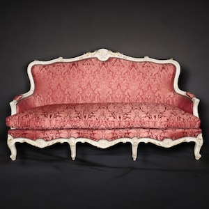 Vintage Louis XV Style Paint Decorated Settee with Red Upholstery, Sofa, Loveseat, Antique Settee, Living Room Furniture, Furniture, Retro