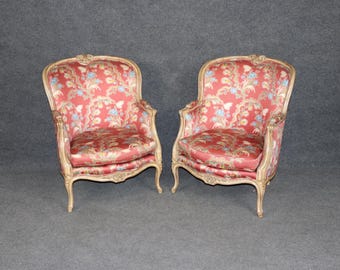 Vintage Pair of Louis XV Style Upholstered Bergere Chairs, Club Chairs, Accent Chairs, Lounge Chairs, Pair Chairs, Armchairs, Furniture