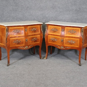 Pair of Louis XV Style Inlaid Marble Top Commodes, Nightstands, Chest of Drawers, Antiques, Furniture, Home Decor, Bedroom Decor, DPLuxuries