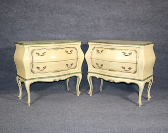 Pair of Country French Louis XV Style Paint Decorated Commodes Nightstands, Chests of Drawers, Dressers