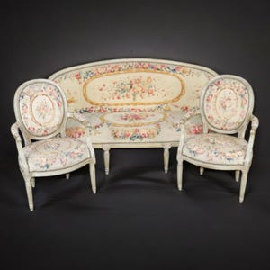 Antique Late 18th Century 3 Piece French Louis XVI Aubusson Upholstered Paint Decorated Parlor Set, Pair Chairs, Settee, Antique Furniture