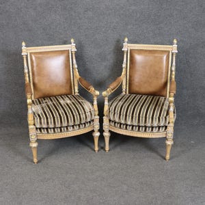 Pair of Vintage Louis XVI Style Paint Decorated and Gilt Accent Chairs, Armchairs, Club Chairs, Living Room Furniture, Furniture, Retro