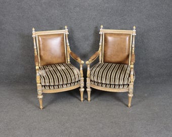 Pair of Vintage Louis XVI Style Paint Decorated and Gilt Accent Chairs, Armchairs, Club Chairs, Living Room Furniture, Furniture, Retro