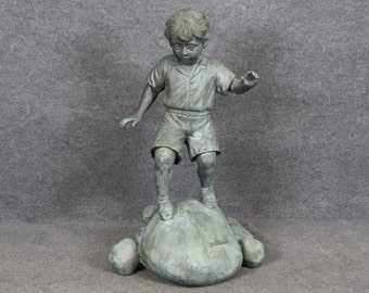 Vintage Bronze Outdoor Garden Sculpture of a Boy Playing by Henire, Vintage Statue, Antique Statue, Garden Decor, Yard Decor, Bronze Statue