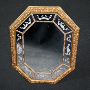 Signed Murano Italian Distressed Gold Gilt Wall Hanging Mirror with Figural Etched Panels, Vintage Decor, Bathroom Mirror, Antique Furniture