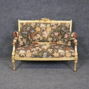 Antique Turn of the Century French Louis XVI Style Giltwood Upholstered Settee, Sofa, Loveseat, Vintage Settee, Gold Settee, Furniture