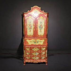 Vintage Italian Venetian Style Creme and Scarlet Paint Decorated Secretary Desk, Writing Desk, Vintage Desk, Antique, Furniture, Retro
