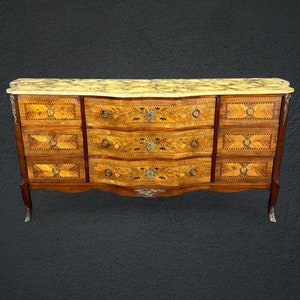 Antique French Louis XV Style Inlaid Faux Marble Top Dresser circa 1920s, Antique Furniture, Chest of Drawers, Vintage, Antique Dresser
