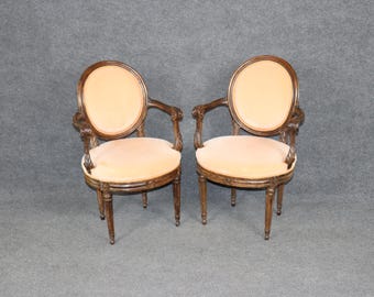 Pair 18th Century French Louis XVI Chairs: Upholstered Armchairs, Antique Furniture, Accent Chairs