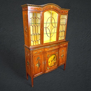 Antique 19th Century English Adams 2 Piece Paint Decorated Display Cabinet, Curio Cabinet, Antique Furniture, China Cabinet, Neoclassical