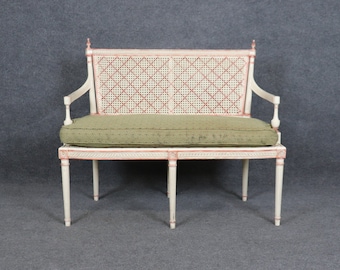 French Louis XVI Style Distressed Paint Decorated Cane Settee, Loveseat, Antique Furniture, Vintage Furniture, Furniture, Retro, Directoire