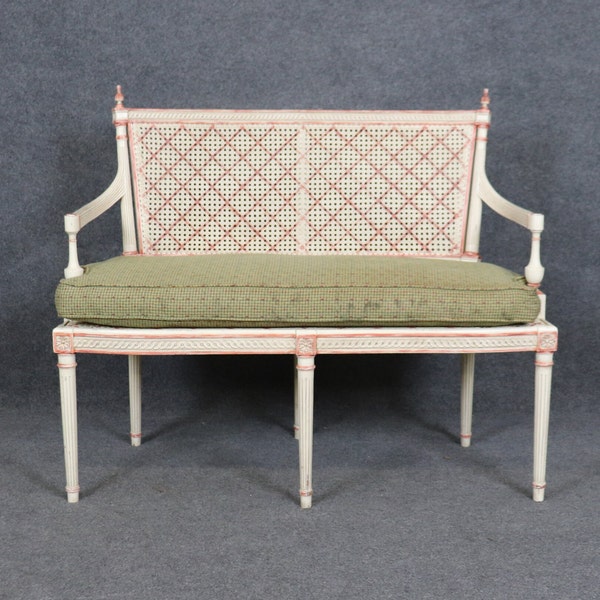 French Louis XVI Style Distressed Paint Decorated Cane Settee, Loveseat, Antique Furniture, Vintage Furniture, Furniture, Retro, Directoire