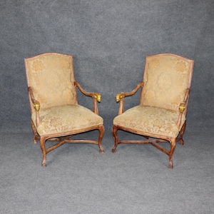 Vintage Pair of Regency Style Distressed Rams Head Armchairs, Accent Chairs, Office Furniture, Living Room Decor, Furniture, Retro