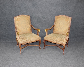 Vintage Regency Style Rams Head Armchairs: Distressed Accent Chairs, Pair