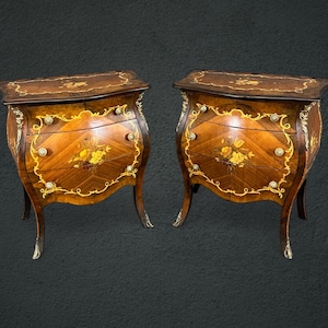 Pair of Italian Louis XV Style Marquetry Inlaid Night Stands, Side Tables, Vintage, Vintage Decor, Antiques, Antique Furniture, Pair Commode