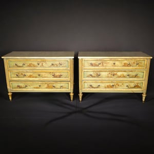 Antique Turn of the Century Pair of French Louis XVI Style Olive Chinoiserie Commodes, Chest of Drawers, Dressers, Vintage, Furniture, Retro