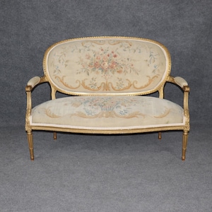 Antique 19th Century French Louis XVI Style Aubusson Upholstered Gilt Settee, Sofa, Loveseat, Vintage Settee, Antique Furniture, Furniture