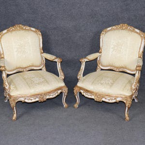 Pair of Exceptional Antique 19th Century Louis XV Style Carved Creme and Gilt Armchairs, Accent Chairs,Fauteuils, Vintage Chairs,Pair Chairs