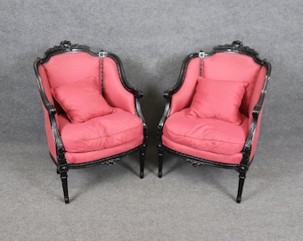 Pair of Louis XVI Style Ebonized Upholstered Bergeres, Armchairs, Accent Chairs, Carved Chairs, Furniture, Retro, Vintage Chairs