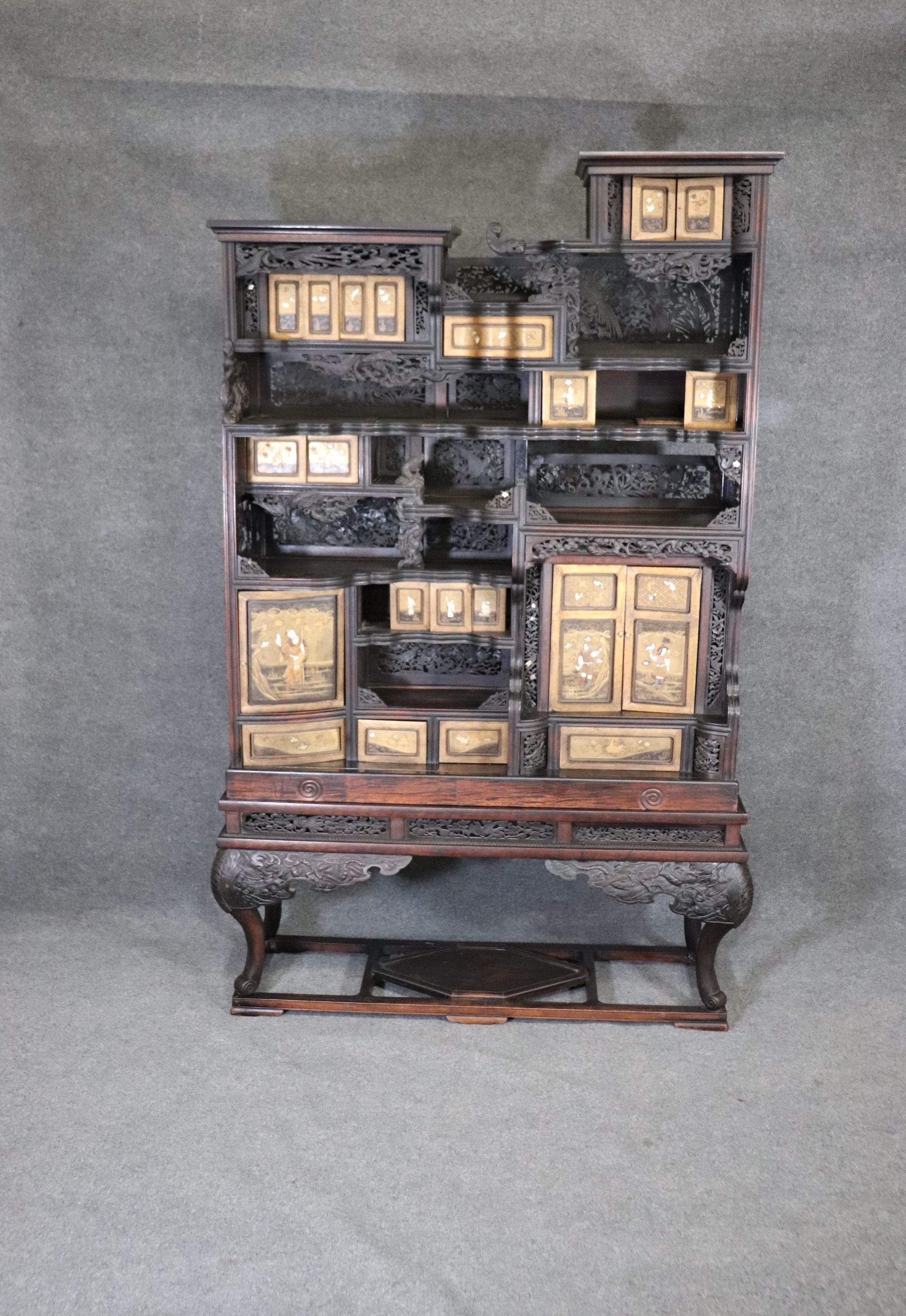 Large Antique Meji Period Japanese Shibayama Cabinet Museum 