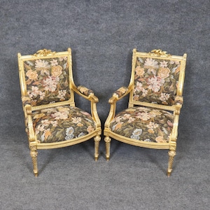 Antique Turn of the Century Pair of French Louis XVI Style Giltwood Open Armchairs, Accent Chairs, Lounge Chairs, Pair Chairs, Furniture