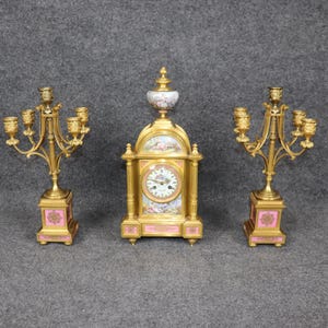 ON HOLD French 19th Century Bronze Ormolu Clock Set with Pink Sevres Style Plaques by Raingo Freres, Mantle Clock Boudoir Clock, Candleabras