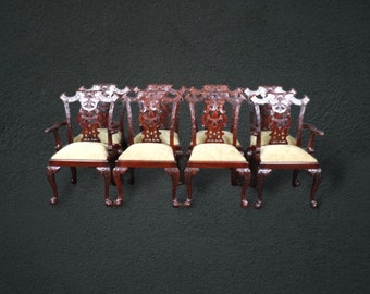 Vintage Set of 8 Chinese Chippendale Style Carved Mahogany Dining Room Chairs, Antique Chairs, Mid Century Chairs, Furniture, Retro