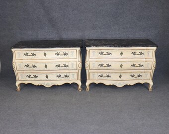 Mid Century Pair of Venetian Style Paint Decorated Portoro Marble Top Commodes by John Widdicomb, Dressers, Chests of Drawers, Furniture,