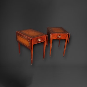 Pair of Sheraton Style Inlaid Mahogany Leather Top Pembroke Drop Leaf Tables End Tables, Antique Furniture, Pair Tables, Accent Tables