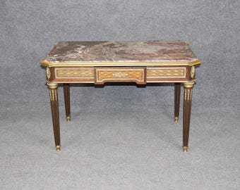 19th Century Fench Louis XVI Style Marble Top Childrens Desk: Bronze Ormolu Mounted, Parquetry Inlaid, Antique Furniture