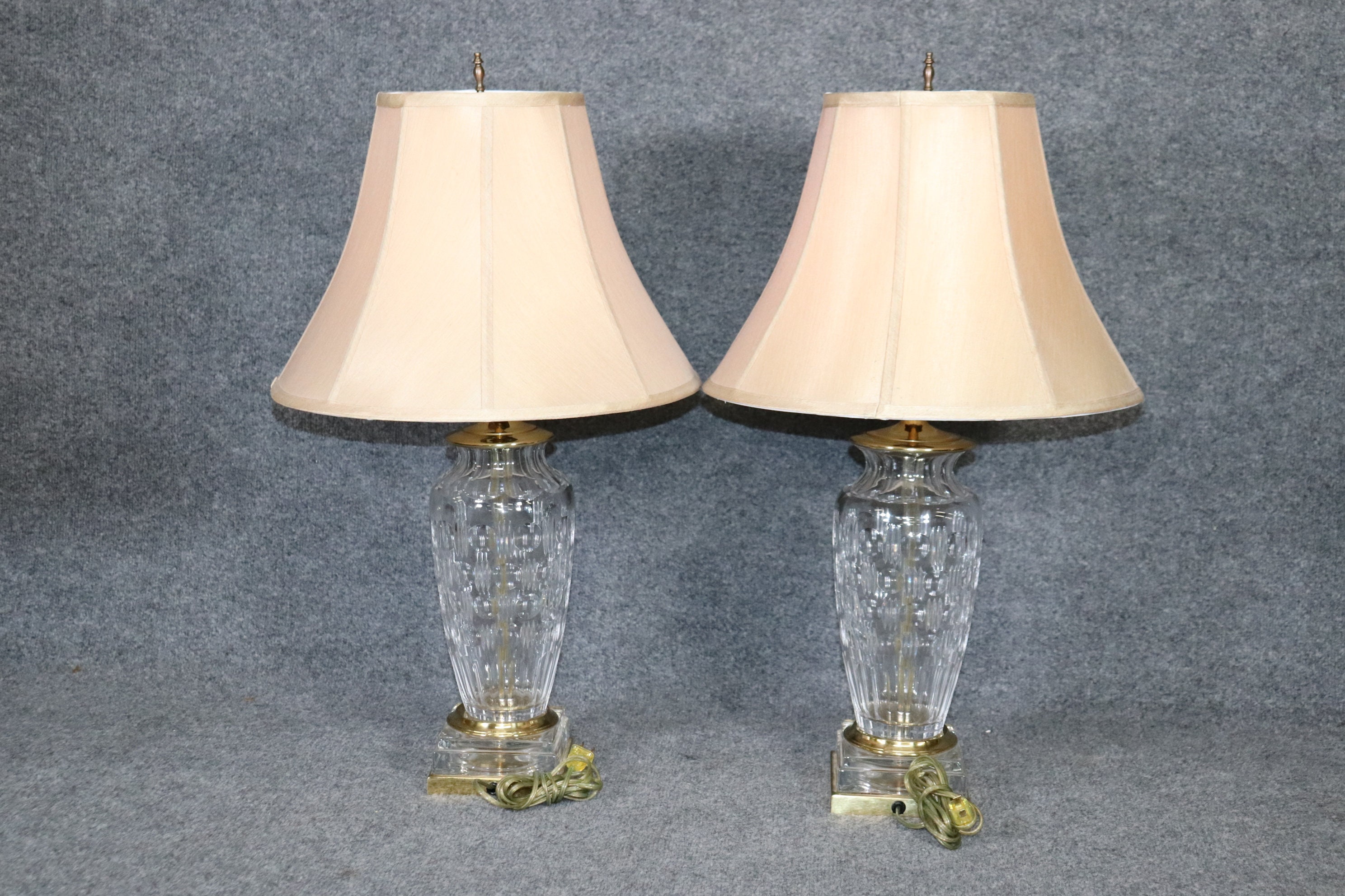 Pair of Crystal and Brass Lamps Attributed to Waterford, Pair of