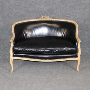 French Antique Turn of the Century Louis XV Style Leather Upholstered Carved Settee, Sofa, Loveseat, Living Room Decor, Furniture, Retro