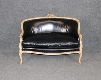 French Antique Turn of the Century Louis XV Style Leather Upholstered Carved Settee, Sofa, Loveseat, Living Room Decor, Furniture, Retro