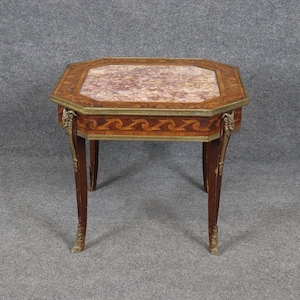 Vintage Louis XV Style Marquetry Inlaid Rams Head Brass Mounted Marble Top Accent Table, End Table, Side Table, Entryway Table, Furniture