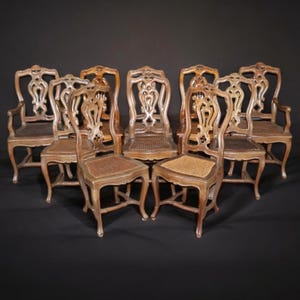 Vintage Set of 10 Country French Style Dining Room Chairs with Cane Seats, Conference Room Chairs, Antique Chairs, Set Chairs, Furniture