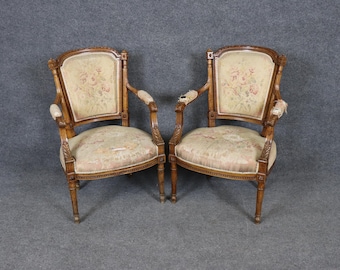 Turn of the Century Pair of French Louis XVI Style Carved Armchairs, Accent Chairs, Club Chairs, Upholstered Chairs, Furniture, Retro