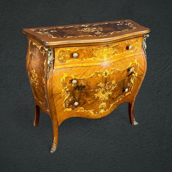 Vintage Italian Louis XV Style Marquetry Inlaid Commode, Chest of Drawers, Antique Furniture, Antiques, Home Decor, Dresser, Furniture