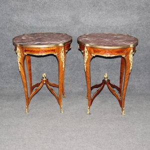 Antique Pair of Louis XV Style Bronze Mounted Marble Top End Tables in the manner of Francois Linke, Side Tables, Accent Tables, Furniture