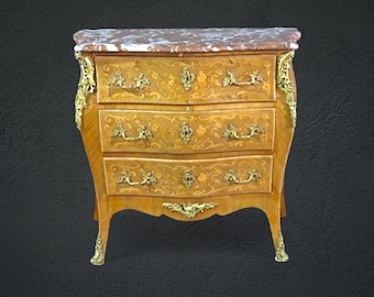 Petite French Louis XV Walnut Satinwood Inlaid Commode, Chest of Drawers, Marble Top Commode, Commode, French furniture, Antique Furniture