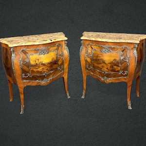 Pair of French Louis XV Style Inlaid Marble Top Nightstands Commodes, Chest of Drawers, Antique Furniture, Marble Top Commode, Bedroom Decor
