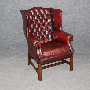 Vintage Mid Century Tufted Leather Chesterfield Wingback Chair, Armchair, Accent Chair, Club Chair, Lounge Chair, Red Chair, Furniture
